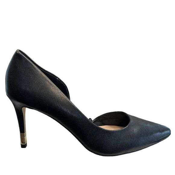 ALDO Size 10 Black Faux Leather Pointed Toe Pumps Gold Stiletto High Heels - Picture 1 of 5